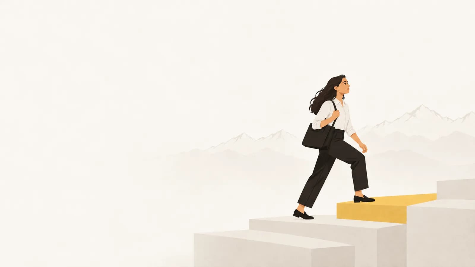 Ilustración de una profesional que sube con decisión a un escalón amarillo, con la cordillera de fondo